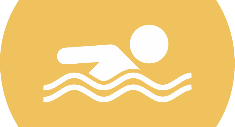 Icon of a person swimming in water with the sun above.