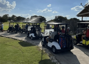 Golf carts lined up on a sunny day at a golf course.